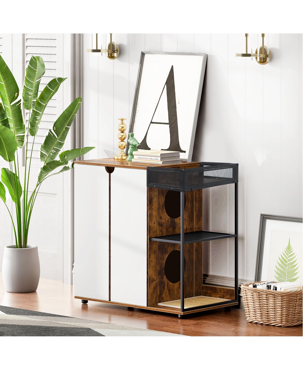 Cozito Double Cat Litter Box Enclosure Furniture Cabinet with Side Openings and Splash Pads.