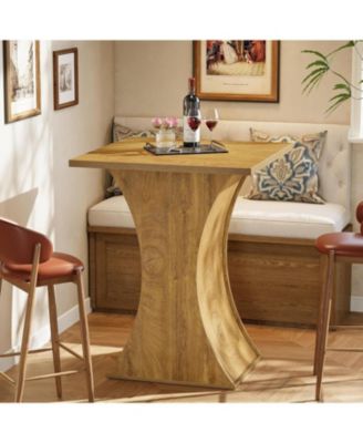 39.4" H Square Bar Table, Farmhouse High Top Bistro Pub Cocktail Table with Curved Profile, Wood Home Bar Unit