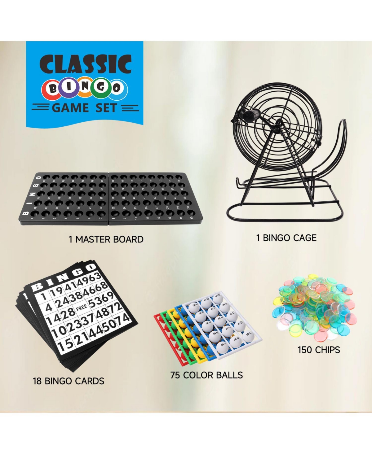 Gse Games & Sports Expert Deluxe Bingo Game Set with Bingo Cage and Master Board, 75 Bingo Balls, 150 Chips, 18 Bingo Cards