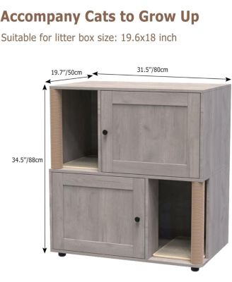Double Room Cat Litter Box Enclosure for 2 Cats, Hidden Litterbox Furniture with Scratch Posts and Double-Layer Mat