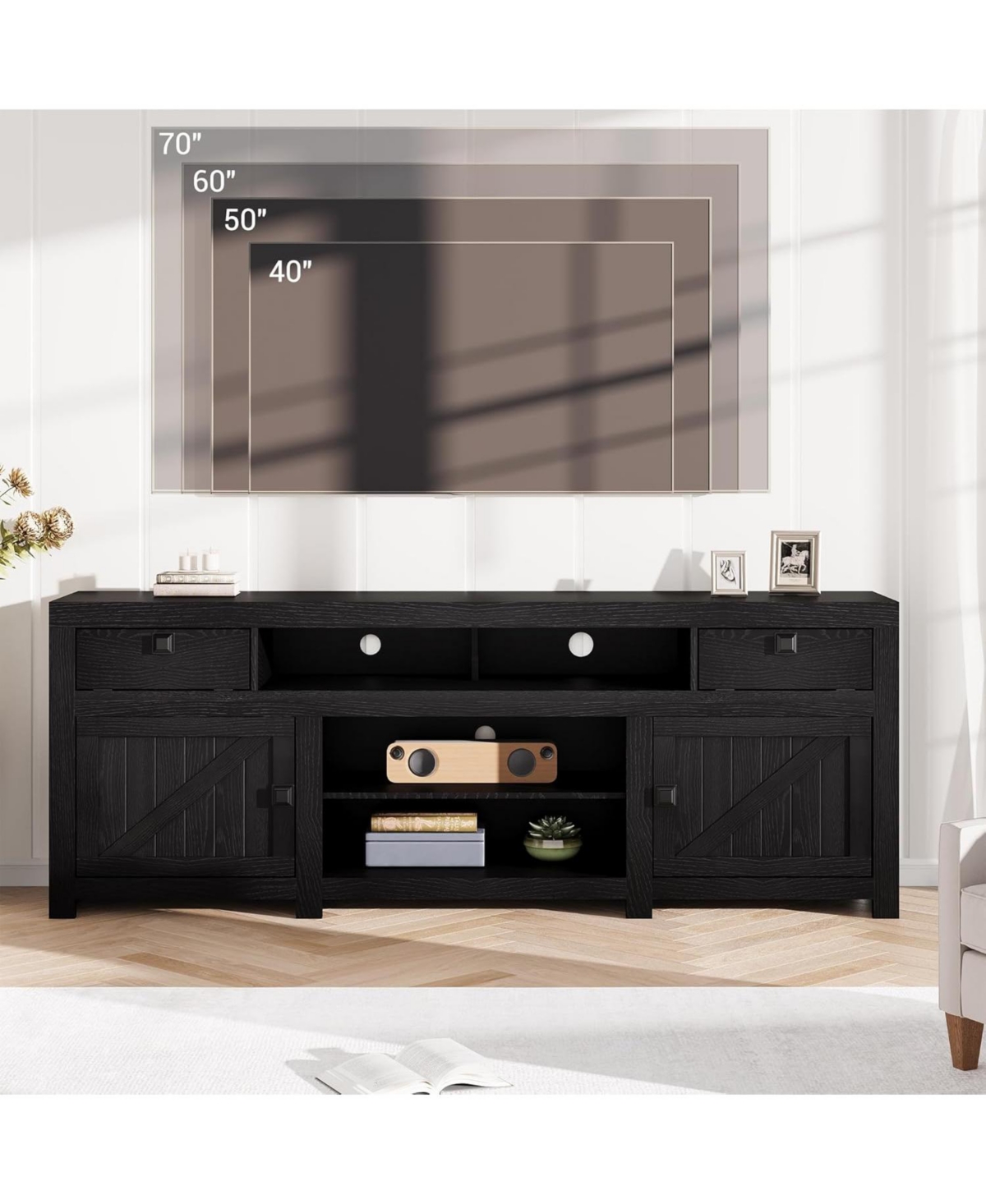 gaomon Farmhouse Wooden Tv Cabinet for 65 in TVs, 25 in Tall Entertainment Center with 2 Drawers, 2 Cabinets, and 2 Open Storage Spaces