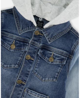 Boys Navy Blue Denim Jacket with Removable French Terry Hood