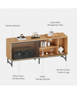 TV Console Table with Metal Net Sliding Door, Up to 65" TVs, TV Stand with Storage & Metal Legs, Industrial TV Stands for Living Room
