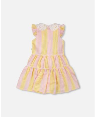 Big Girls Sleeveless Dress with Crochet Peter Pan Collar Pink and Yellow Stripes