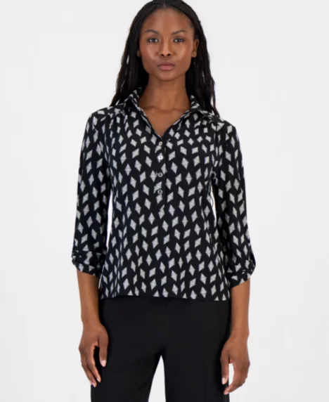 Petite Printed Collared 3/4-Sleeve Top - Anne Black/White Dove