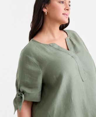Plus Size Linen Solid Split-Neck Tie-Cuff Top