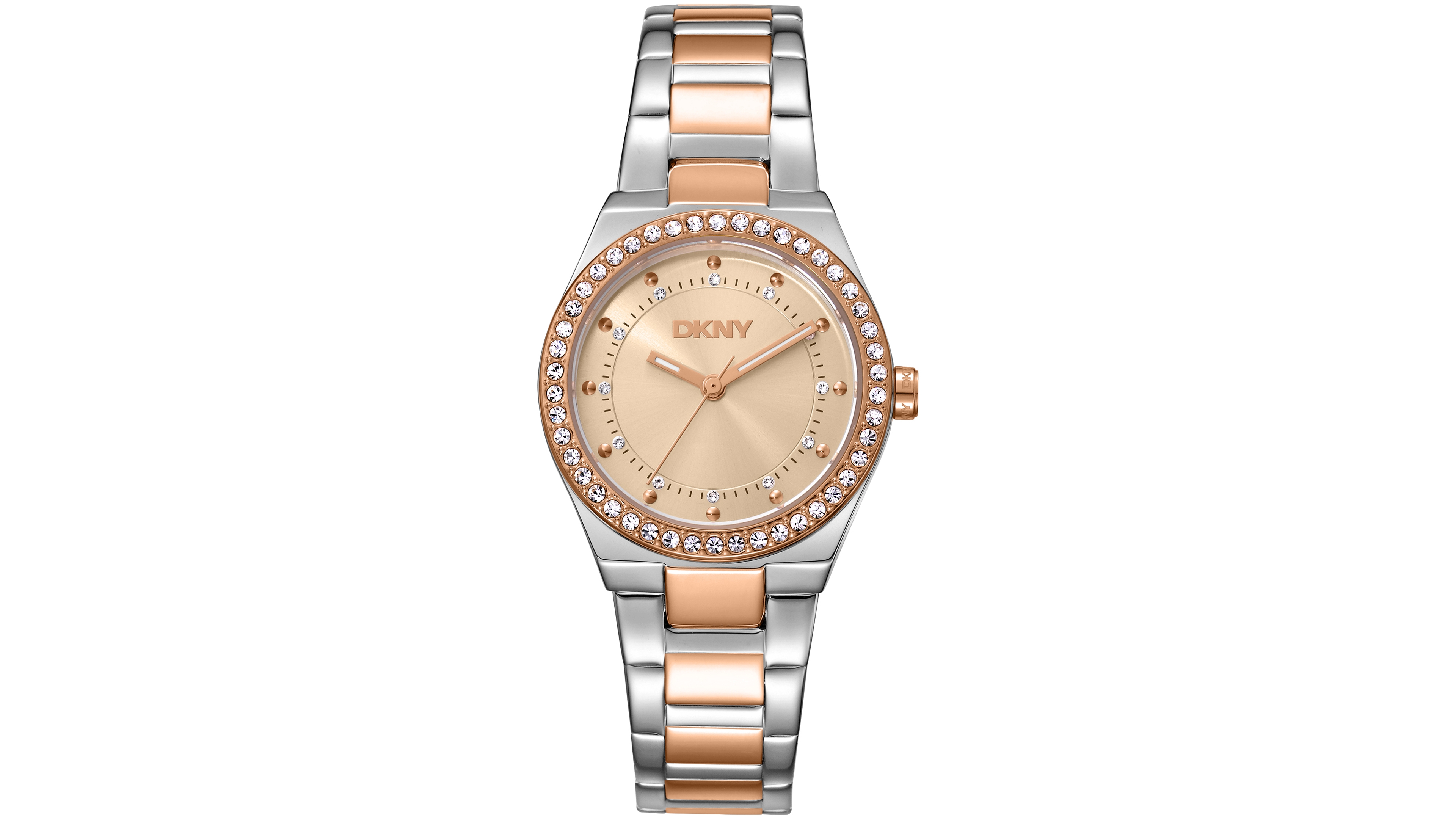 Dkny Women's Rose Gold Dial Crystal Dial Markers Crystal Bezel Two-Tone Red Gold Stainless Steel Bracelet Watch, 30mm