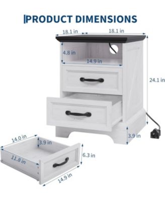 Farmhouse Nightstand with Charging Station, Large Rustic Bedside Table with 2 Drawers & Open Shelf, USB Ports & AC Outlets for Bedroom