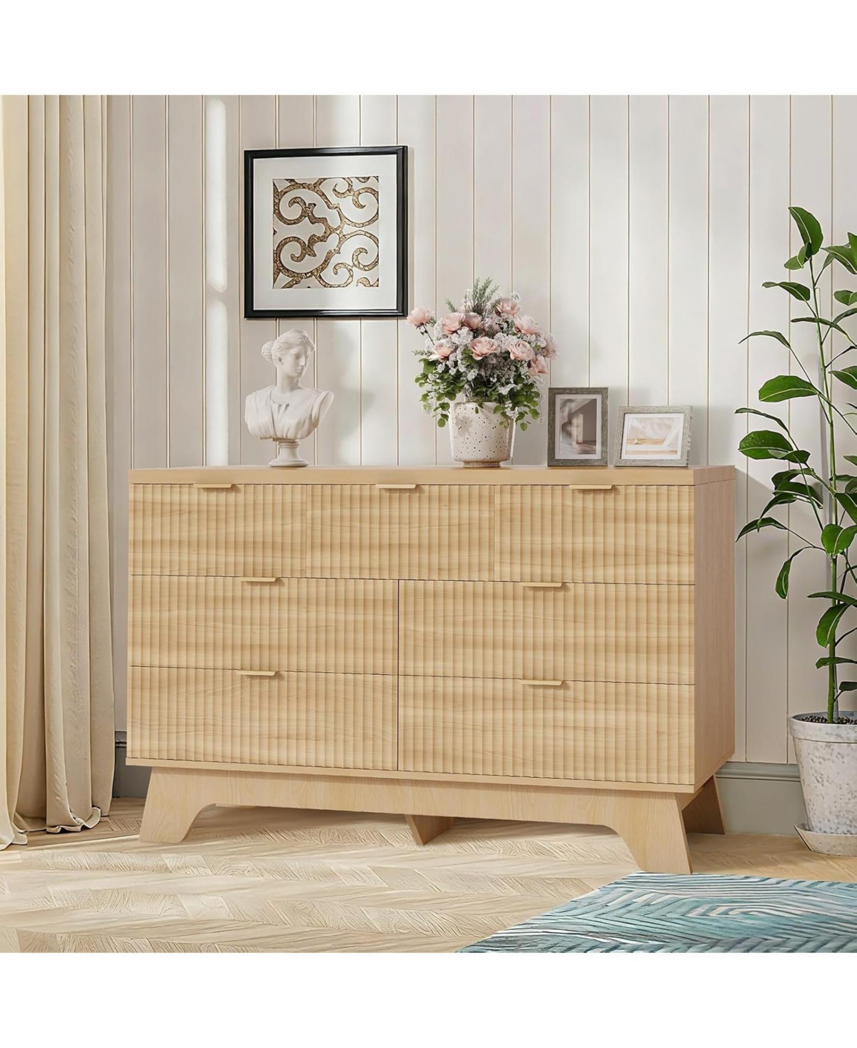 gaomon 7 Drawer Dresser for Bedroom, 47" Wide Mid Century Modern Dresser with Gold Handle, Fluted Dressers Chest of Drawers, Tv Stand