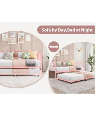 Twin Daybed with Trundle, Metal Sofa Bed Frame with Steel Slat Support, Twin Size Space-Saving Furniture for Living Room, Bedroom