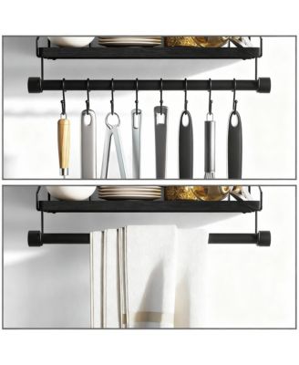 Wooden floating shelf with towel rack and hooks for coffee bar/kitchen/bathroom