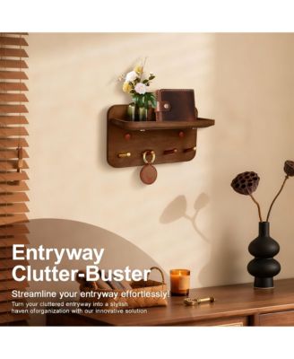 Solid Wood Key Holder with 4 Brass Hooks, Anti-Slip Groove, and 15° Incline