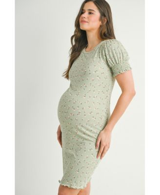 Maternity Floral Ribbed Mini Dress with Short Puff Sleeves