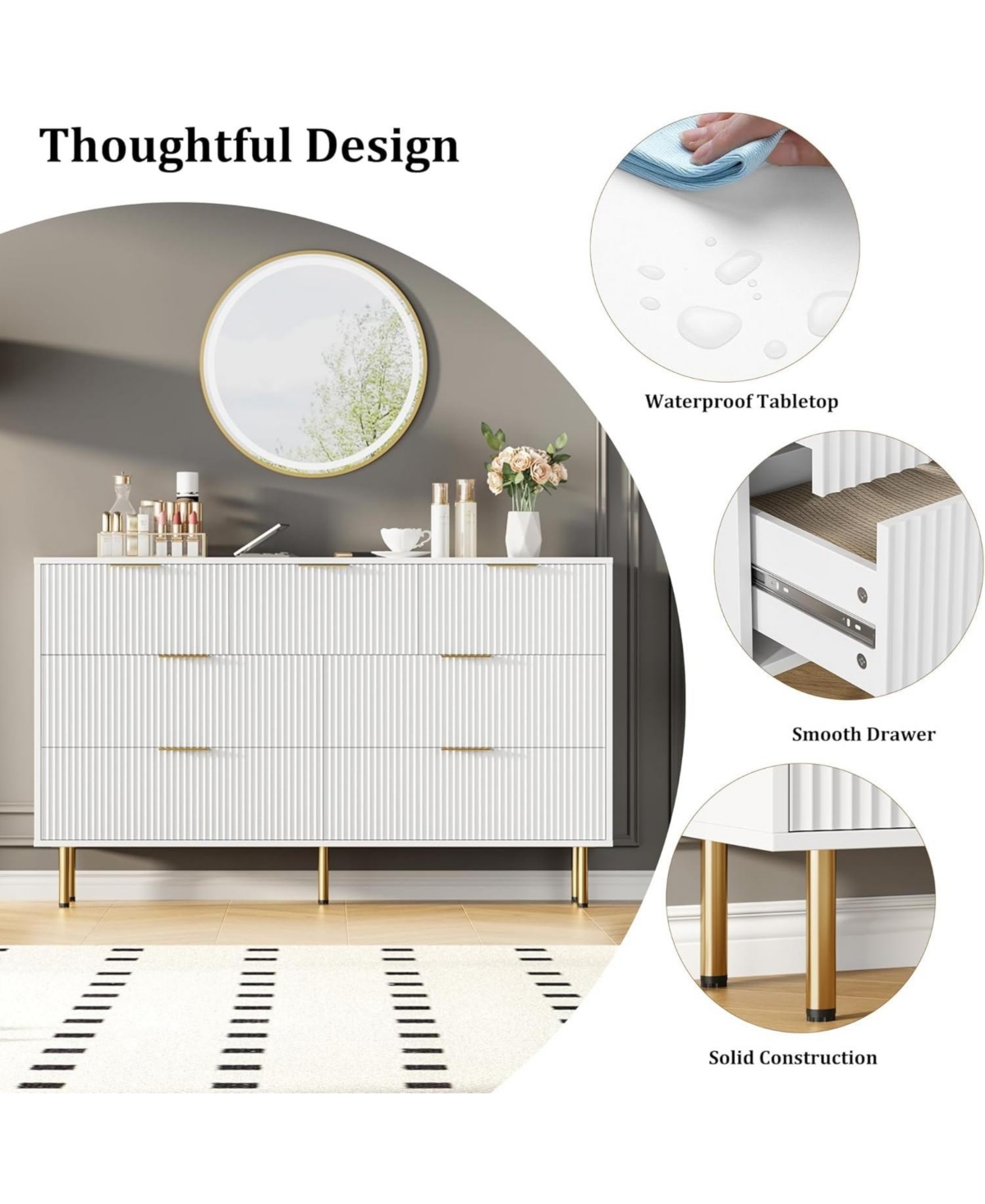 gaomon 7 Drawer Dresser, 55" Wide Fluted Dresser with Drawers, Modern Wooden Double Dressers Metal Handles for Living