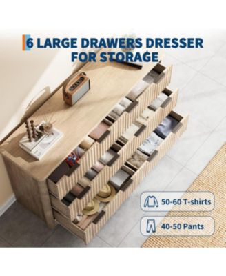 Fluted 6 Drawer Dresser Modern Storage Cabinet with Wide Top for Bedroom Living Room Sturdy Wooden Chest of Drawers TV Stand Organizer