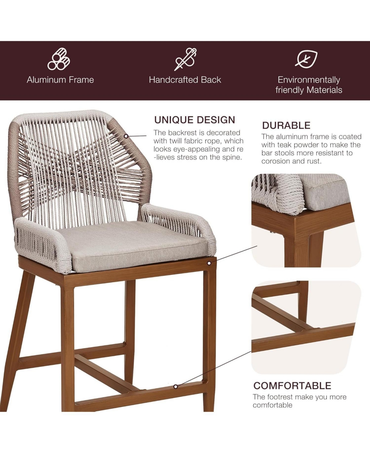 gaomon Outdoor Bar Stools Leaf Bohemia Wicker Rattan High Top Patio Chairs Back & Footrest