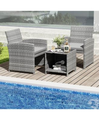 3 PCS Patio Furniture Set with Tempered Glass Coffee Table & Soft Seat Cushions