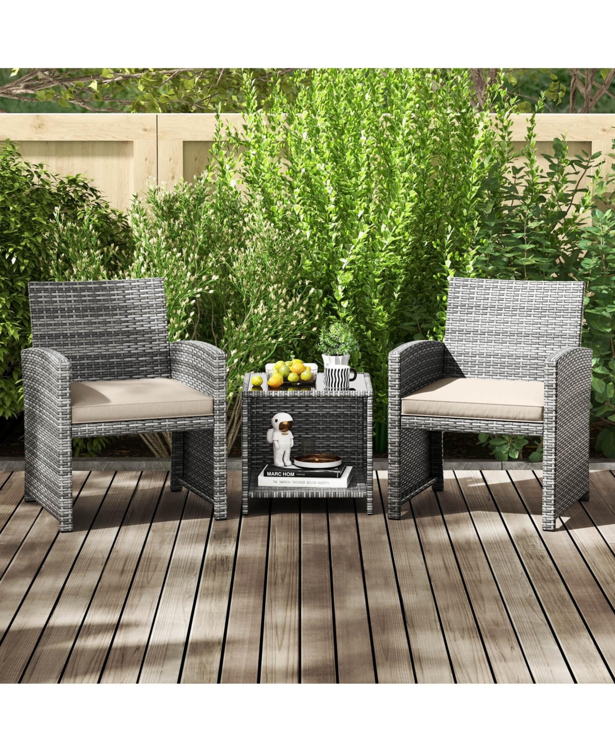 Costway 3 Pcs Patio Furniture Set with Tempered Glass Coffee Table & Soft Seat Cushions