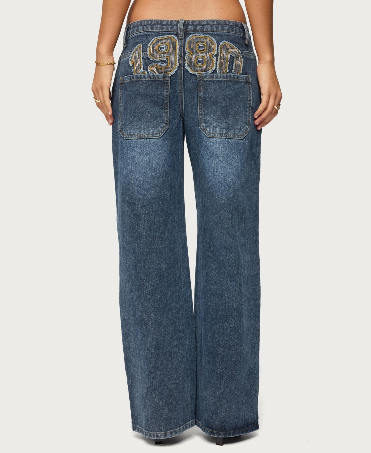 Edikted Womens 1980 Leopard Patch Low Rise Jeans