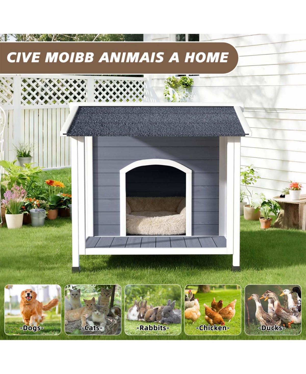 Aostirmotor Outdoor Dog House: Wooden Shelter with Asphalt Roof & Raised Floor, Easy Assembly