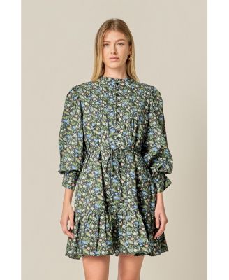 Women's Floral Print Pintuck Smock Mini Dress