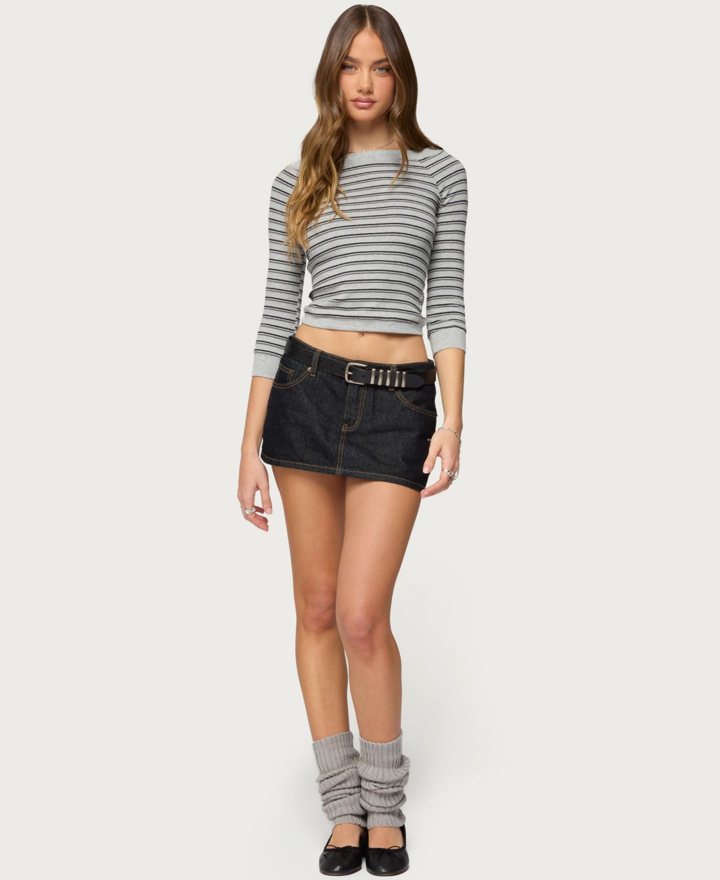 Женский топ Edikted Imelde Striped Boat Neck, цвет: Серый меланжевый — фото 3