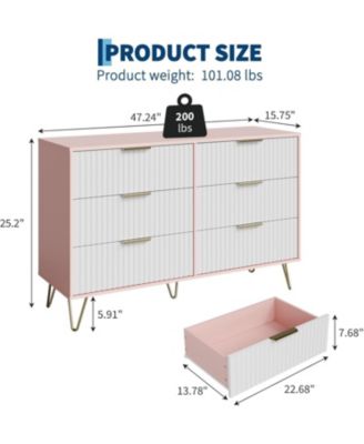 Fluted Dresser for Bedroom with 6 Drawers,47" Wide Modern Chest of Wooden Drawers with Metal Handle,Wide Clothes Storage Organizer