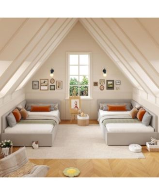 Twin Daybed with Bed Rails, Velvet Corner Bed Frame with Headboard, Modern Kids Bed with Guardrail for Living Room, Bedroom