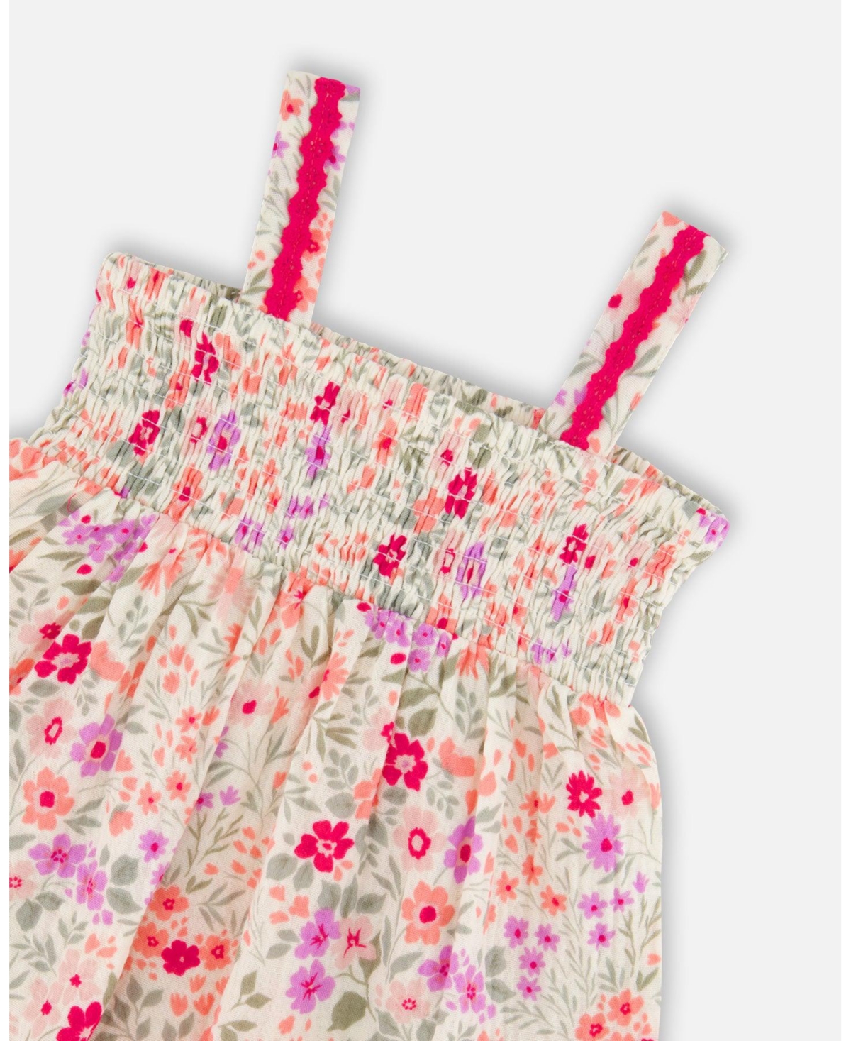 Deux par Deux Big Girls Tank Top with Smocking and Shorts Set in Muslin Off White Printed Flowers