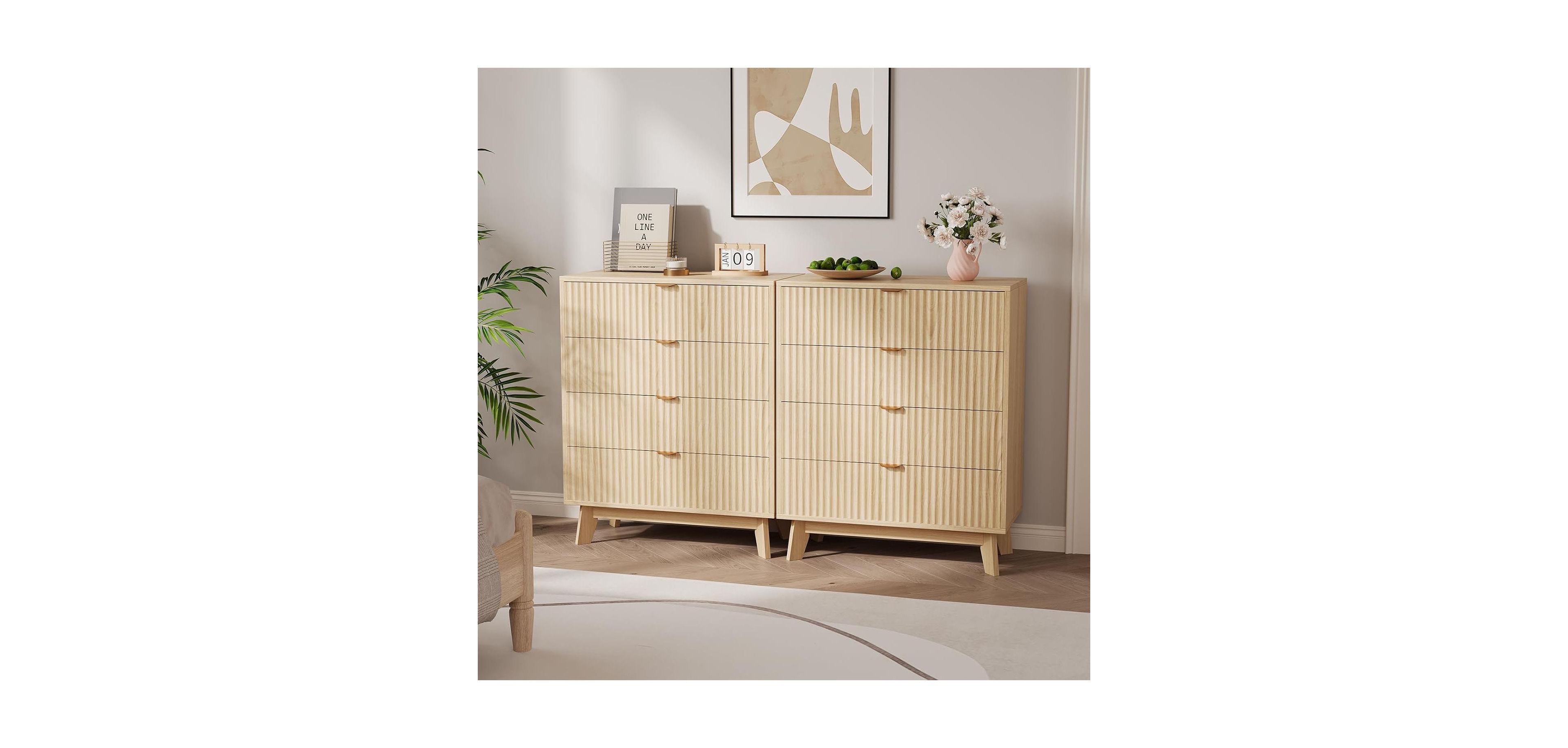 gaomon 4 Drawer Dresser Set of 2, 32 in Tall Mid Century Modern Dresser Drawers, Waveform Fluted Side Table, Wood Drawer Organizer for Bedroom