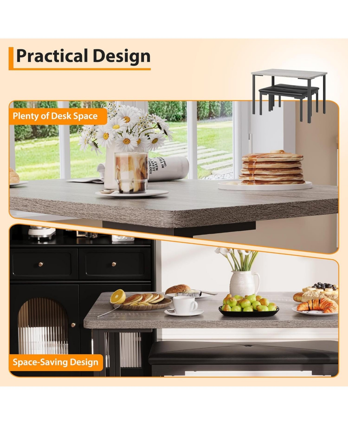 gaomon Dining Table Set for 4, 3Pcs Kitchen with 2 Benches 43.3" Farmhouse Breakfast Metal Frame Small Space