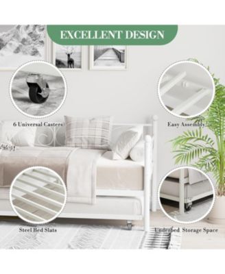 Twin Daybed with Trundle Bed, Space-Saving Metal Day Bed Frame with Floral Headboard and Heavy Duty Steel Slats