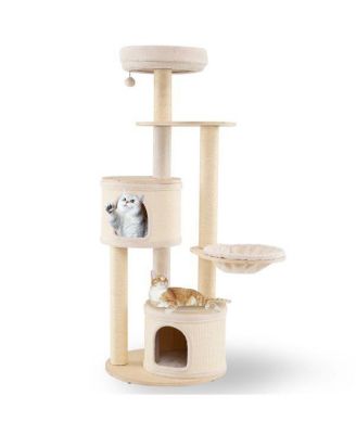 Wood Cat Tree, 60-Inch Tall Multi-Level Tower with Sisal Scratching Posts & Condos, Sturdy Structure for Indoor Cats