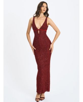 Women's Elora Crimson Sequin Beaded Keyhole Maxi Dress