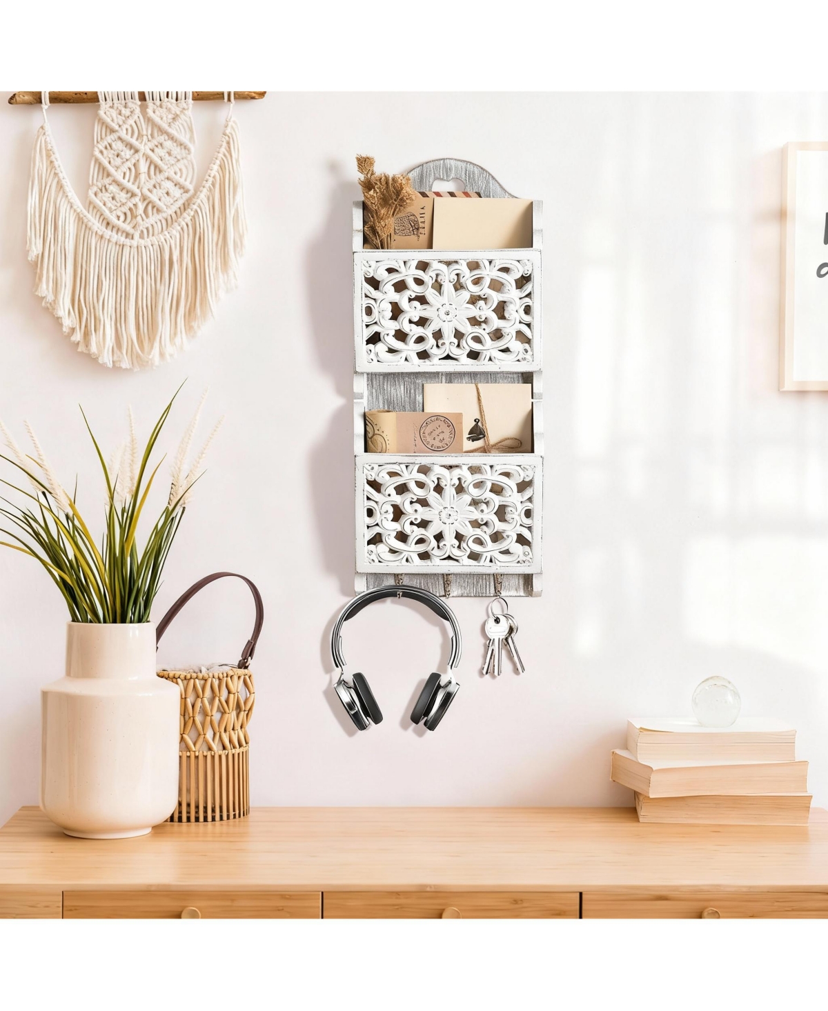 Yigii Wooden Mail Rack with 2 Slots & 3 Hooks for Keys and Accessories