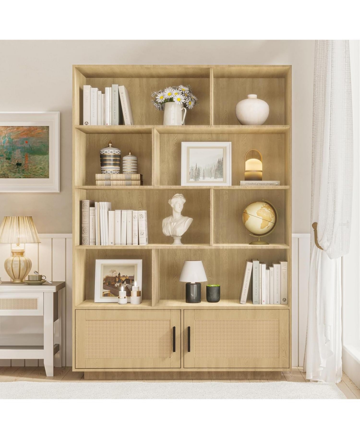 gaomon 5-Tier Boho Bookshelf – Wooden Bookcase with Rattan Doors, Tall Storage Book Stand, Large Freestanding Bookshelf for Living Room