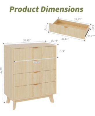 Fluted Dresser for Bedroom with 4 Drawer, Mid Century Modern Chest of Drawers, Large Boho Drawers Dresser with Deep Drawers, Wooden Dressers