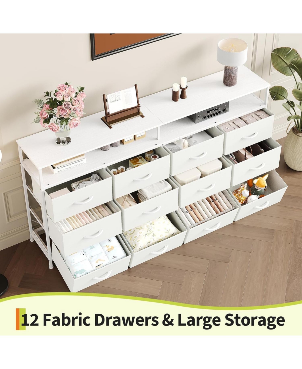 gaomon 63'' Fabric Long Dresser with 12 Drawers for Bedroom - Dresser Tv Stand for 55, 65