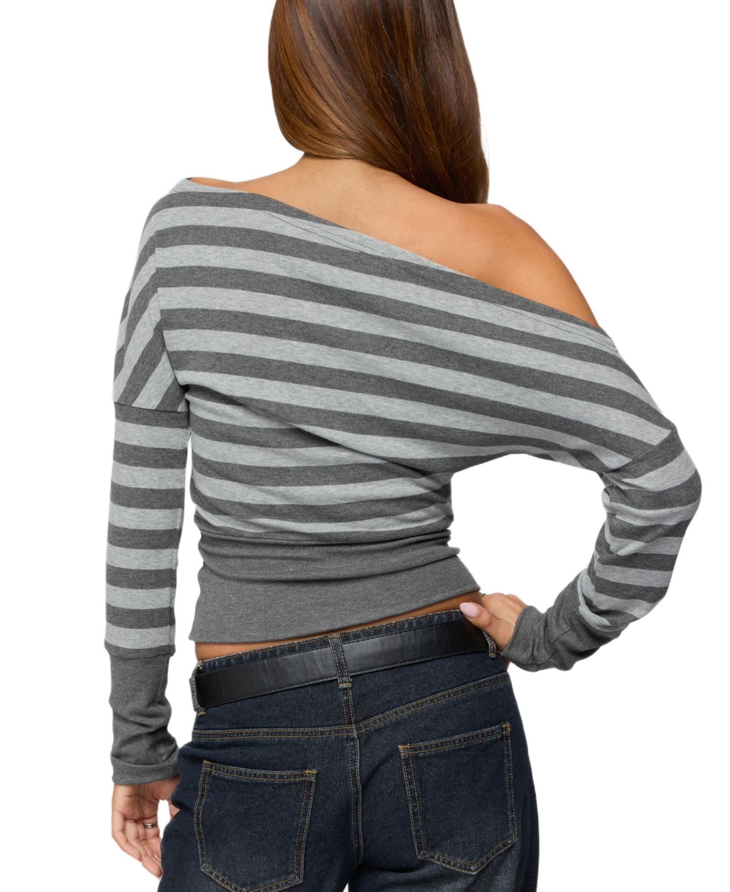 Женский топ Edikted Marniee Striped Off Shoulder Top, цвет: Тёмный серый меланжевый — фото 2