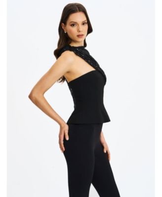 Women's Quinette Black Peplum Top with Beaded Asymmetrical Cape