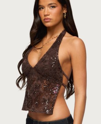 Women's Butterfly Sequin Backless Halter Top
