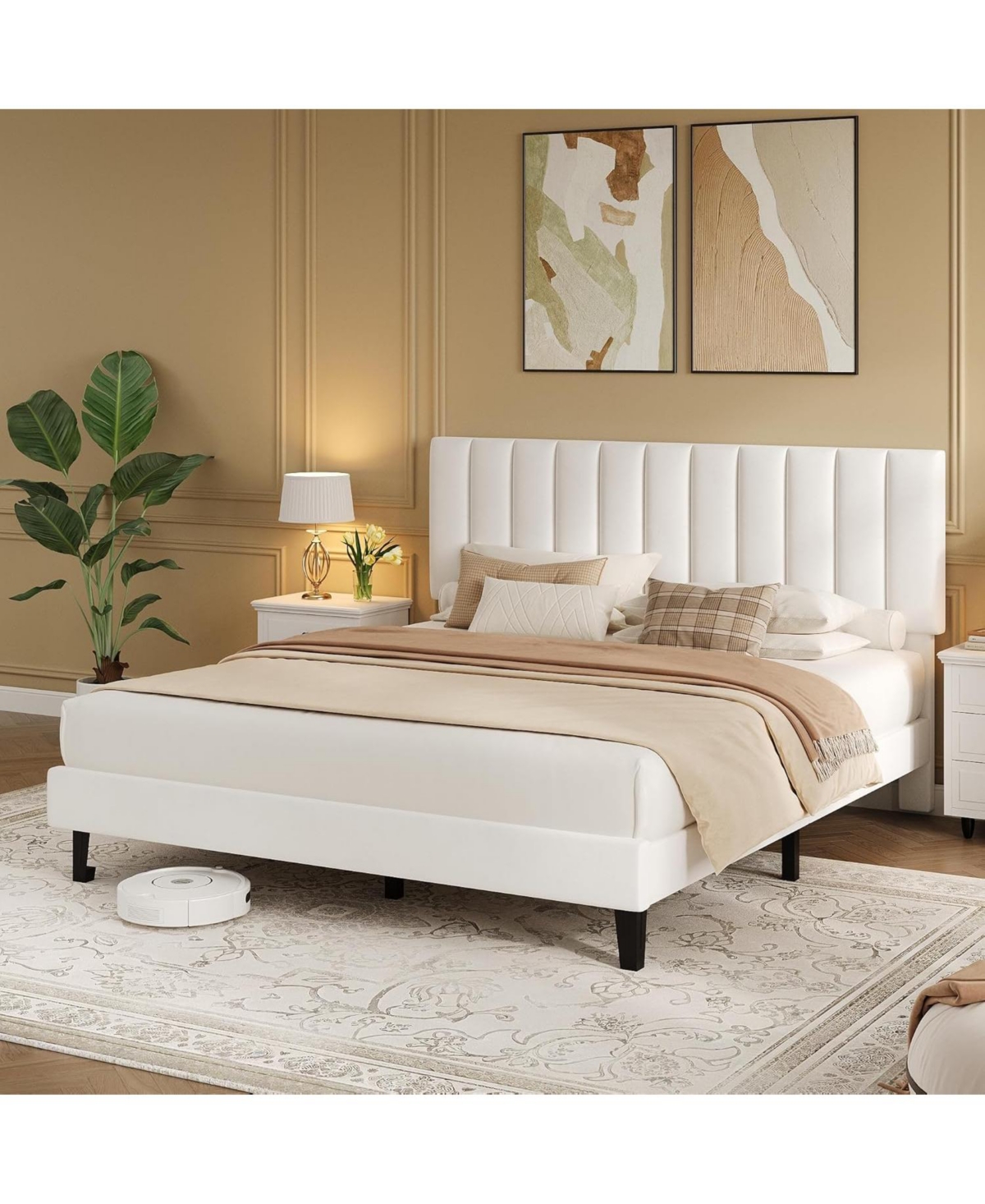 gaomon Full Size Bed Frame with Adjustable Height Headboard, Upholstered Platform Bed Frame with Vertical Channel Tufted Design