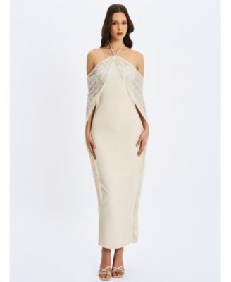 Women's Quimera Almond Beaded Cape Halter Off-Shoulder Maxi Gown