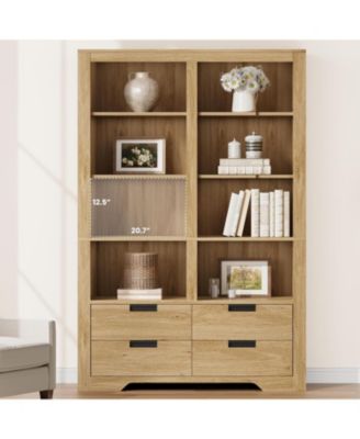 72" Tall Bookshelf with 4 Drawers, Farmhouse 6-Tier Double Wide Bookcase with Storage, Large Freestanding Bookshelf
