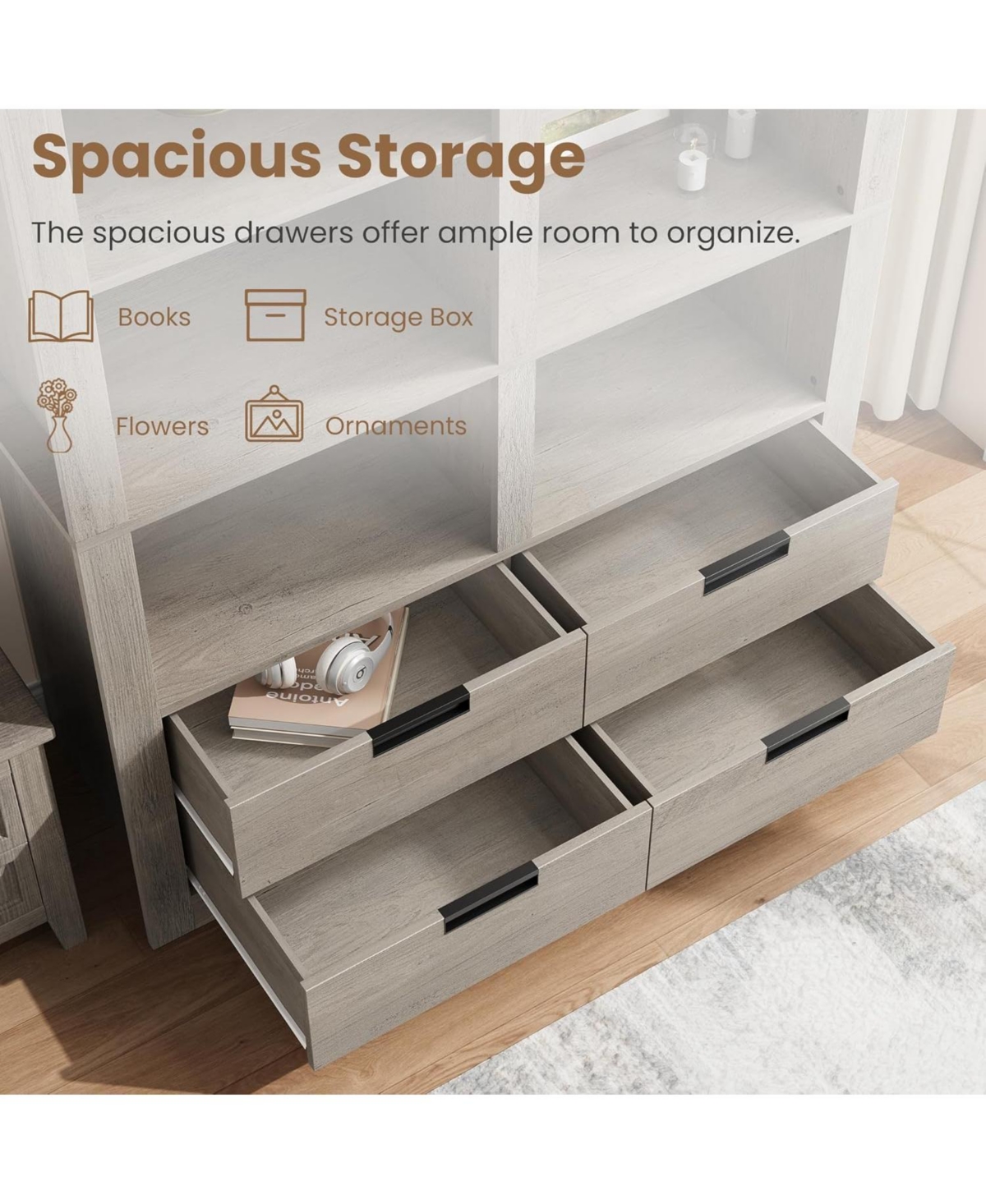 gaomon 72" Tall Bookshelf with 4 Drawers, Farmhouse 6-Tier Double Wide Bookcase Storage, Large Freestanding