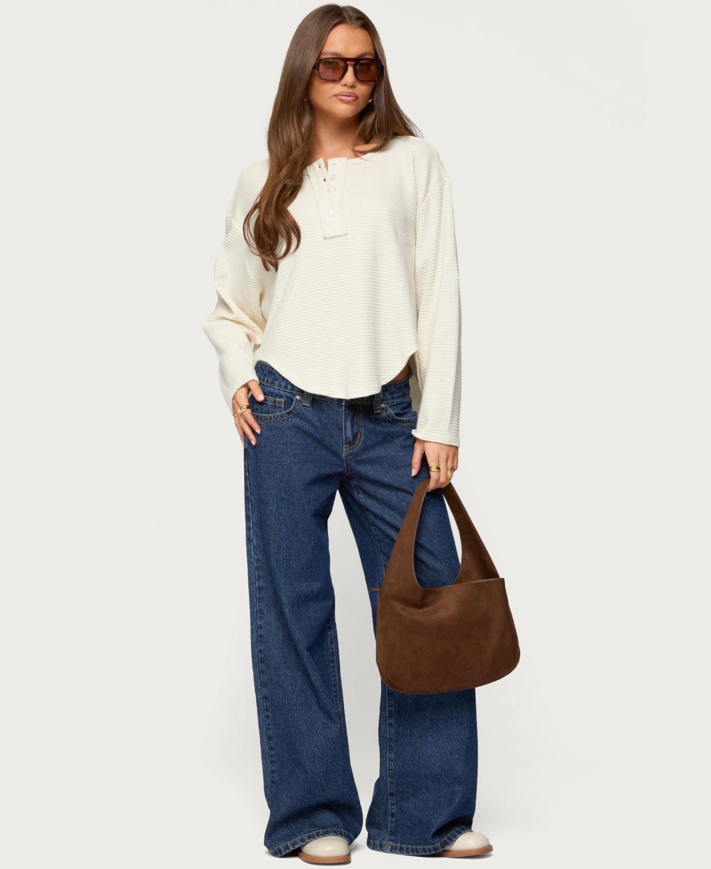 Женский топ Edikted Alisia Oversized Waffle Henley, цвет: Бежевый — фото 4