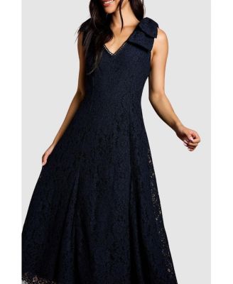 Women's Bow Shoulder V Neck Lace Midi Dress
