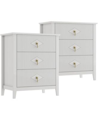2 Piece Fluted Nightstand Set, 27.5" Wide Bedside Tables with 3 Storage Drawers & Metal Handles for Bedroom