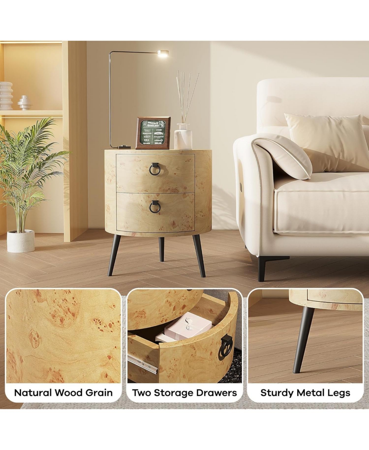 gaomon 2-Pack Round Side Table with Drawers, 188" Modern Farmhouse Bedside Table, Wood Accent Table with Metal Legs & 300lb Capacity for Living R