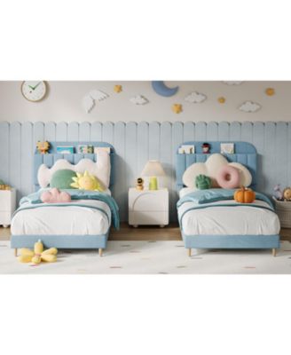 2PCS Twin Bed Frames, Upholstered Platform with Bookcase Headboard, Velvet Platform Bed Mattress Foundation, Heavy Duty Steel Support Legs